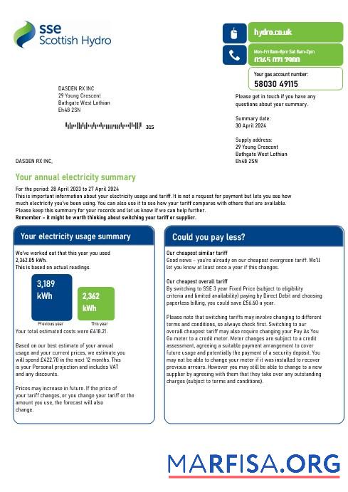 Blank United Kingdom SSE Energy business utility bill template in Word and PDF formats, version 2